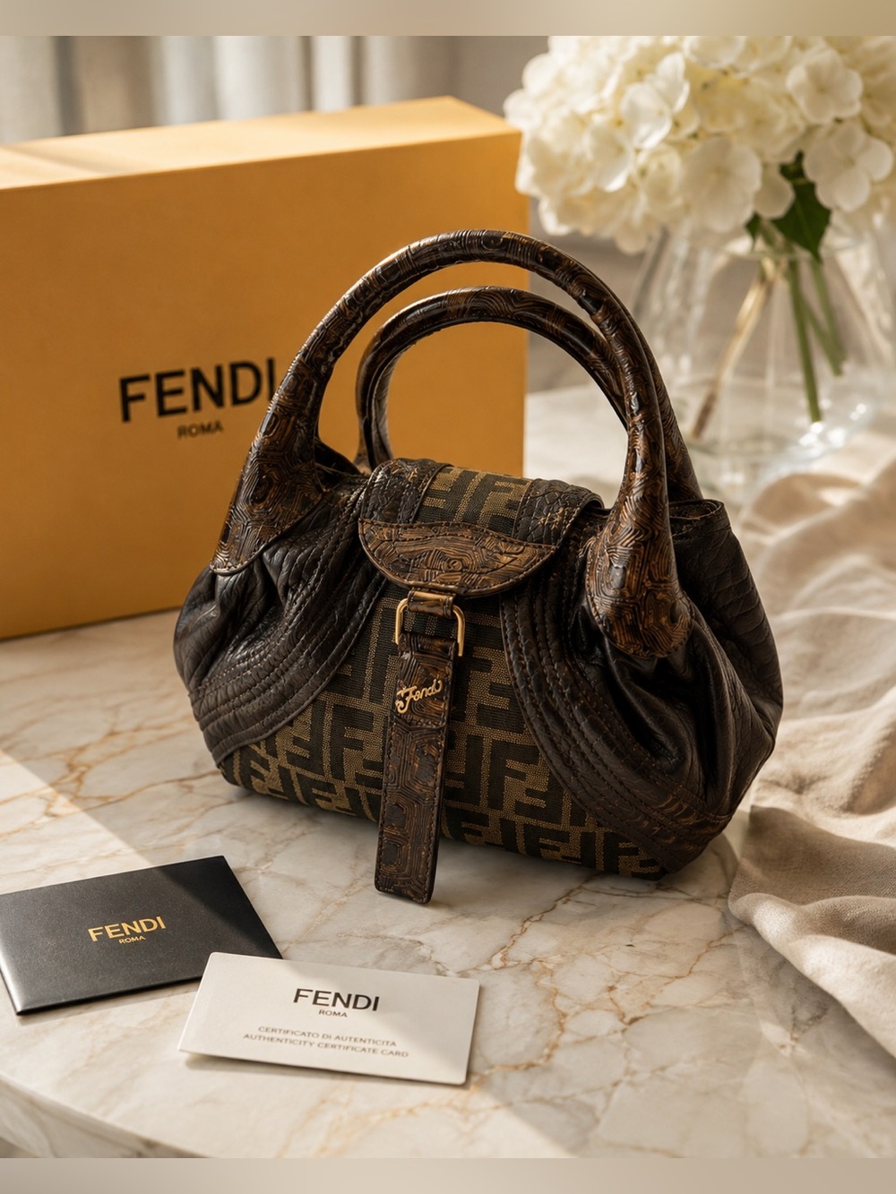 Authentic Fendi Spy Bag Small Zucca Canvas Brown Leather 2009 Italy w/ Card